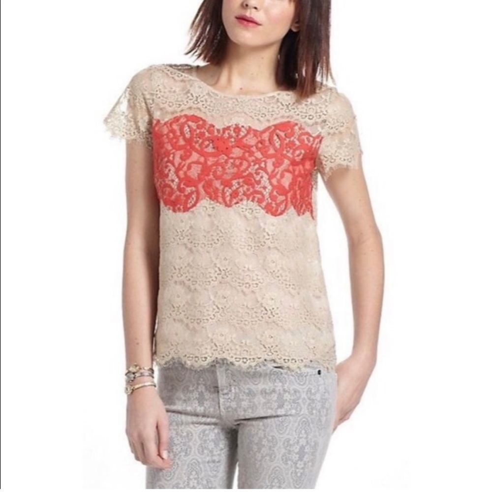 Anthropologie Colorblock Lace Tee by Porcelain, Size XSmall